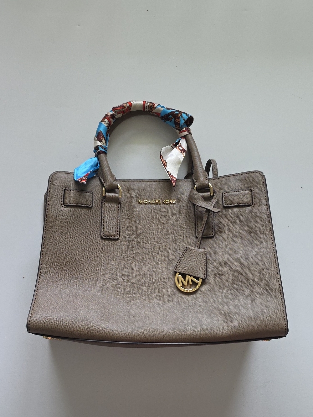 Michael Kors | Taupe/Gray Saffiano Leather Satchel with Scarf-Wrapped Handles